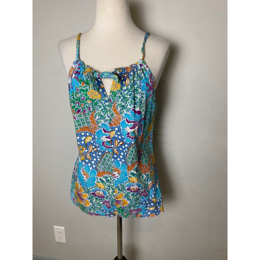 Vintage Kailani Hawaii 70s Batik Floral Cotton Halter Tie Tank Top Raw Edge Blue